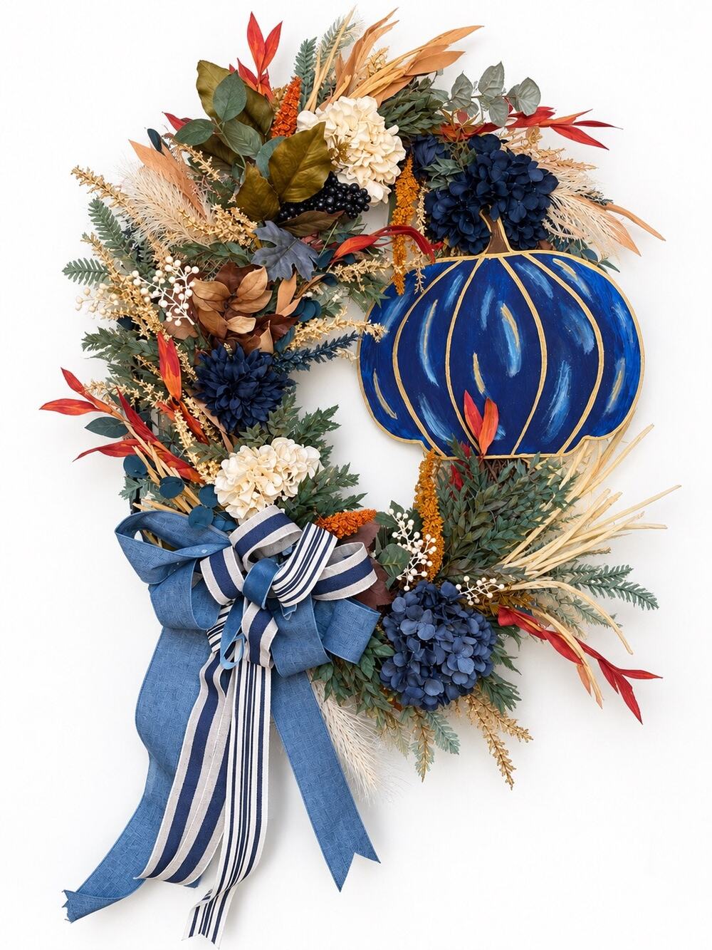 Fall Grapevine Wreath Blue Pumpkin Hydrangea Floral Bow 38” Door Decor rustic
